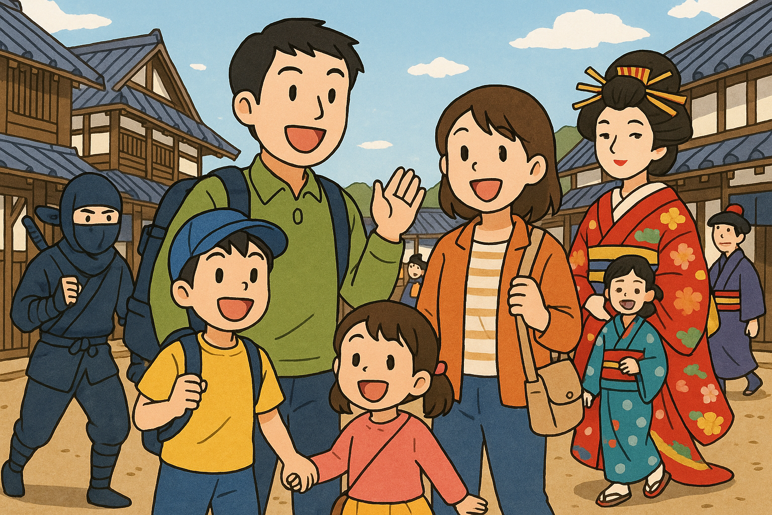 江戸ワンダーランドで遊ぶ家族イラスト