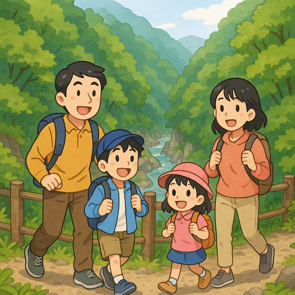 家族で渓谷をハイキングするイラスト