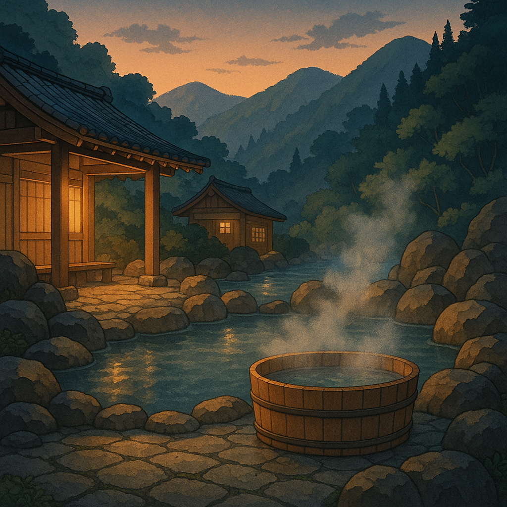 家族で温泉を楽しむイラスト